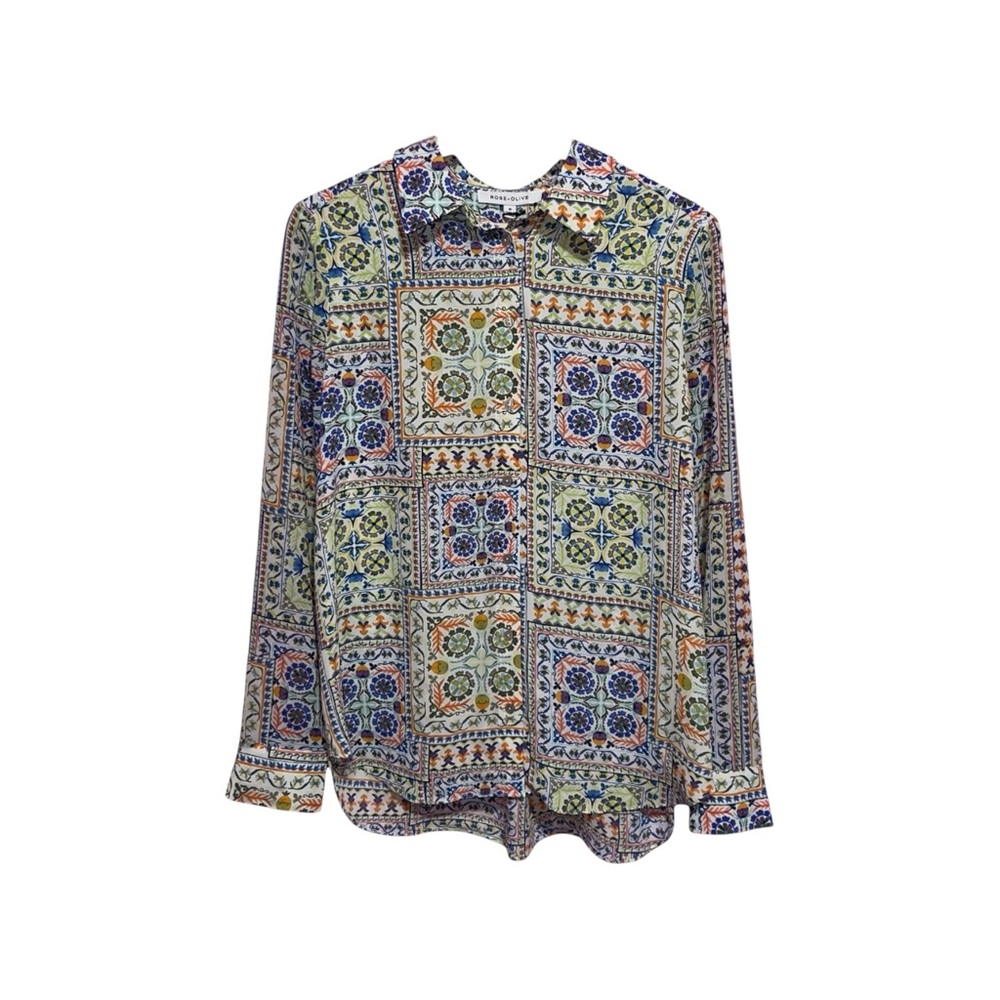 Rose + Olive‎ Multicolor Tile Print Long Sleeve Blouse Size M NWT